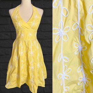 Lilly Pulitzer Yellow White Embroidered Floral A-Line Halter Dress Retro Sz 4